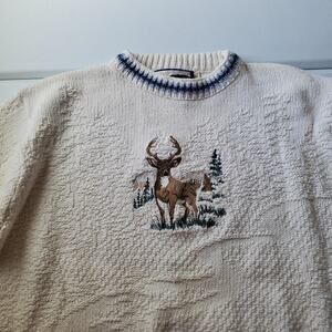 Vintage Shenandoah Sweater Mens XL White Deer Cotton Waffle Knit Pullover USA